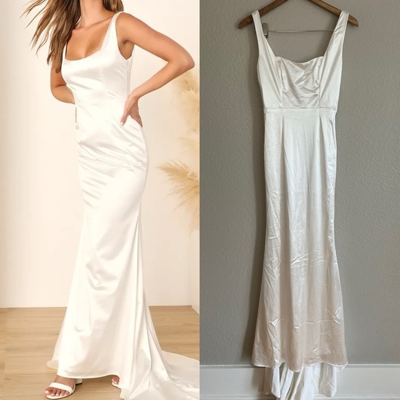 Sensational Promise White Satin Square Neck Mermaid Maxi Dress - Picture 1 of 10